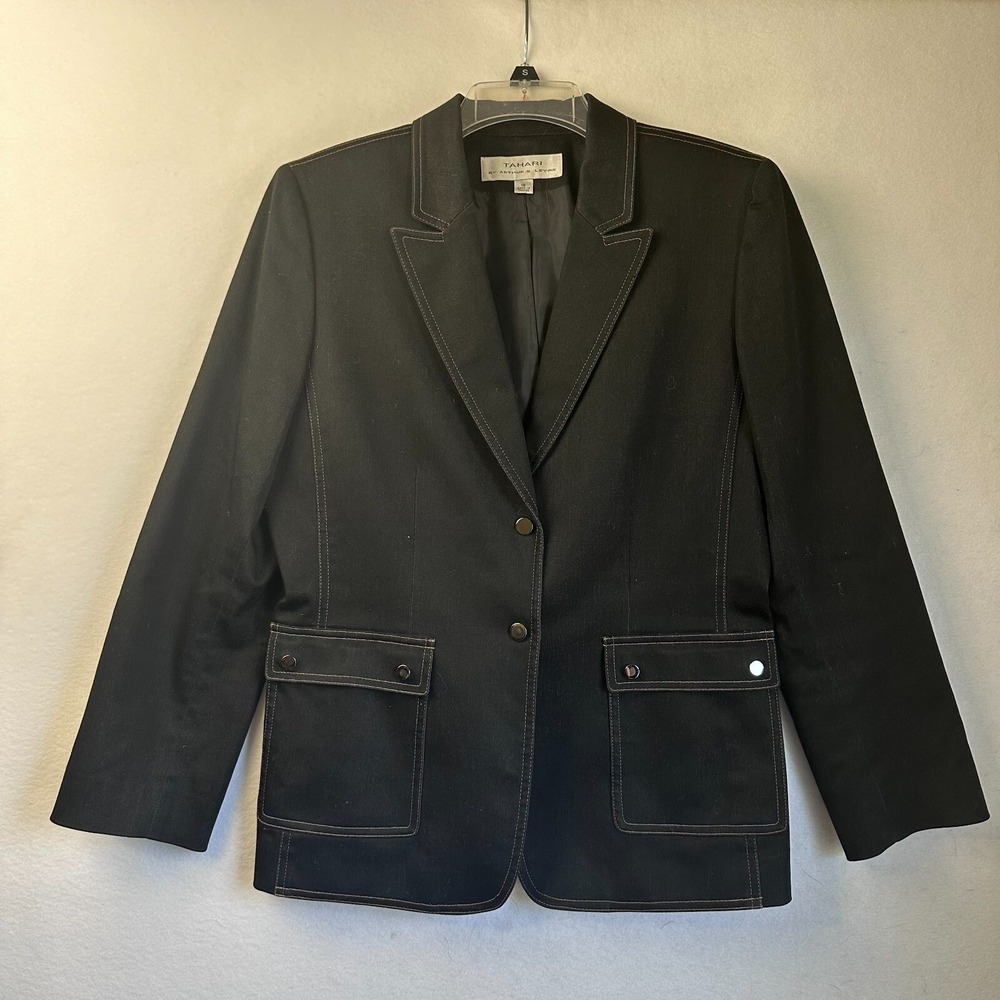 Tahari by Arthur S. Levine Womens Black Denim Blazer Contrast Stitch Jacket 10